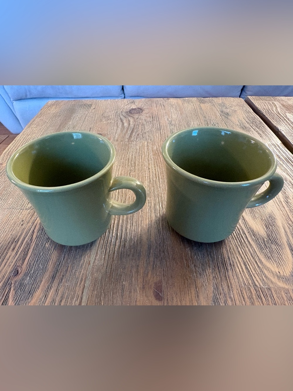 Vintage Unmarked Olive Green Glazed Ceramic Coffee Mugs Set of 2